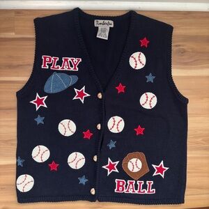 Vintage 80s Baseball Embroidered Knit Sleeveless Sweater V Neck Vest Sz Large